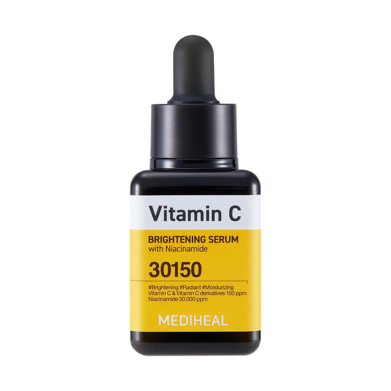 Vitamin C brightening serum bottle with dropper on a white background